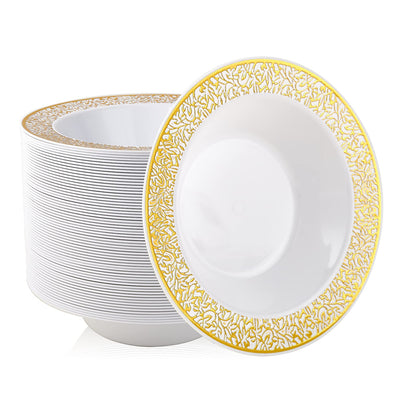 JOLLY PARTY 60 Disposable Gold Plastic Dessert Bowls, 12 oz Soup Bowls, Lace Christmas Thanksgiving Trim, Premium Heavy Duty Plastic Bowl for Wedding/Party (Gold)