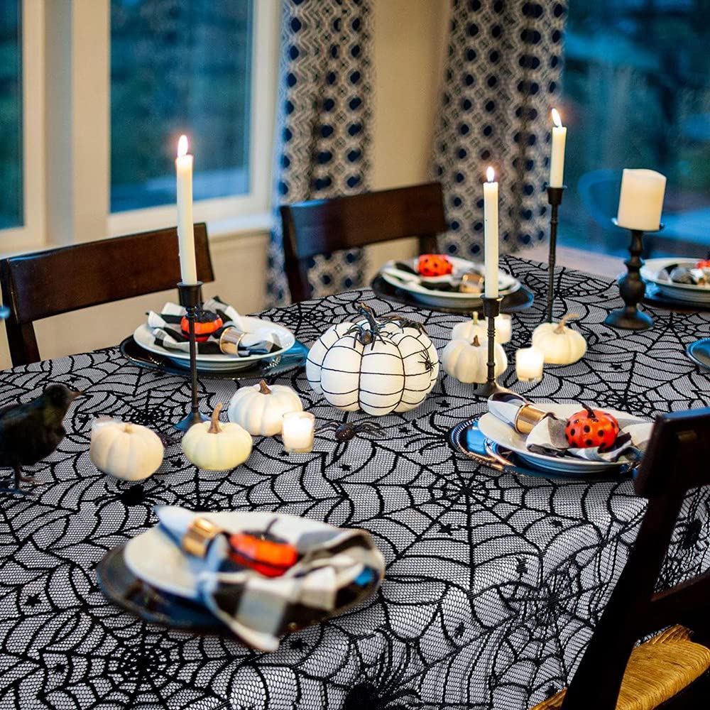 LuoluoHouse Black Lace Tablecloth 54x72 Inch Halloween Tablecloths Spider Cobweb Table Cover for Masquerade Dinner Party Scary Movie Nights Table Decorations