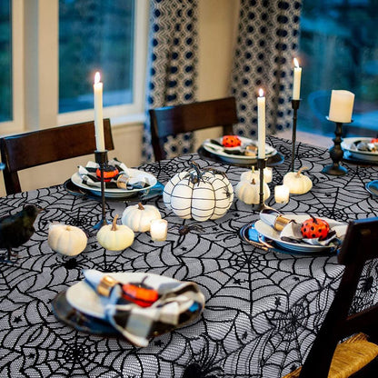 LuoluoHouse Black Lace Tablecloth 54x72 Inch Halloween Tablecloths Spider Cobweb Table Cover for Masquerade Dinner Party Scary Movie Nights Table Decorations