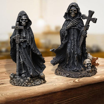 MBVBN Halloween Skeleton Statue - Gothic Decor with Skull Resin Art Sculpture, Cross Cloak Skeleton for Table Decor