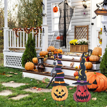 YEAHOME Halloween Decorations Outdoor, 2 Pack Metal Pumpkin Garden Stakes with Witch Hats for Halloween Decor, Jack o' Lantern Pumpkin Yard Signs for Outside Garden Lawn Patio Party Decorations