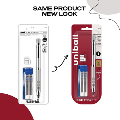 Uniball Kuru Toga Elite Mechanical Pencil Starter Kit with Silver Barrel and 0.5mm Tip; 60 Lead Refills; and 5 Pencil Eraser Refills; HB #2; Office Supplies; School Supplies; Drafting