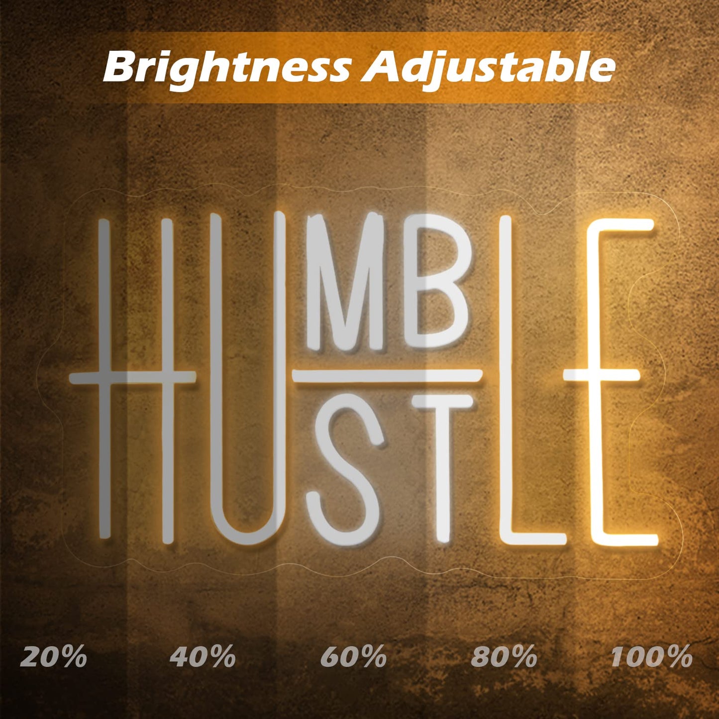 Hustle LED Neon Sign for Wall Decor, Humble Party Decorations, USB Powered Switch Adjustable Brightness LED Neon Lights, for Office Room, Gym Room, Man Cave Decor (Yellow&White)