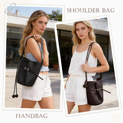 MoreFarther Genuine Leather Bucket Bag for Women, Adjustable Shoulder Bag for Work, Travel, Everyday Use (Black)