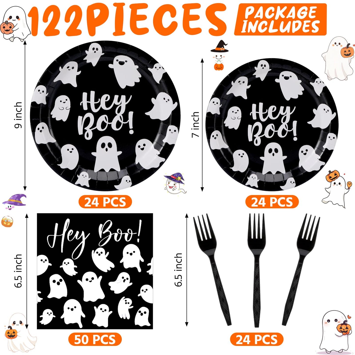 Havawish 122pcs/ 24 Set Halloween Paper Plate and Napkin Hey Boo Tableware Set Include 48 Spooky Black White Ghost Plate 50 Cocktail Napkins 24 Forks for Halloween Birthday Party Decoration, Serve 24