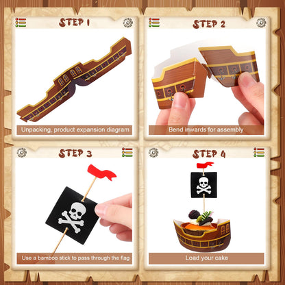 Vesici 72 Pcs Pirate Ship Cupcake Toppers Skull Cap Cupcake Picks Pirate Halloween Party Decorations for Birthday Party Cake Decorations Supplies