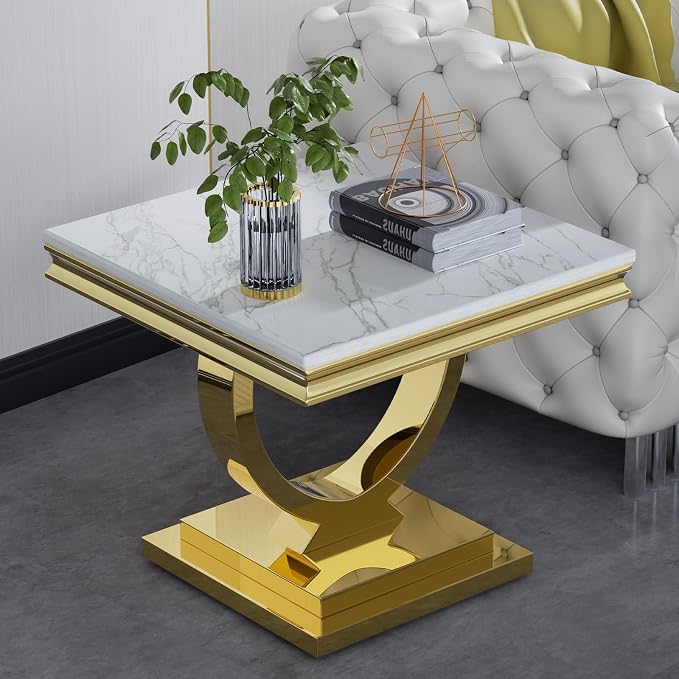 4 Piece Living Room Table Set Include 1 Faux Marble Coffee Table & 2 End Tables & 1 Console Table, Modern White Gold Coffee Table Set of 4 with Double O Shape Stainless Steel Pedestal Base
