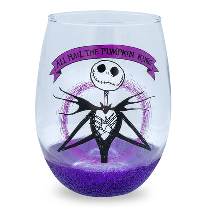 Disney The Nightmare Before Christmas All Hail Pumpkin King Glitter Teardrop Stemless Wine Glass | Tumbler Cup For Mimosas, Cocktails