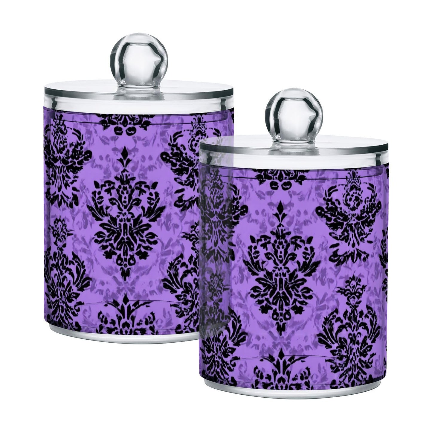 Halloween Purple Haunted Damask Qtip Holder Dispenser Qtip Apothecary Jar Plastic Bathroom Storage Canister 10 Oz for Cotton Ball Swab Round Pads Floss 2pc