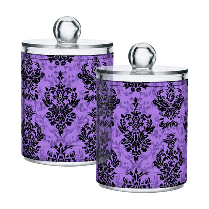 Halloween Purple Haunted Damask Qtip Holder Dispenser Qtip Apothecary Jar Plastic Bathroom Storage Canister 10 Oz for Cotton Ball Swab Round Pads Floss 2pc