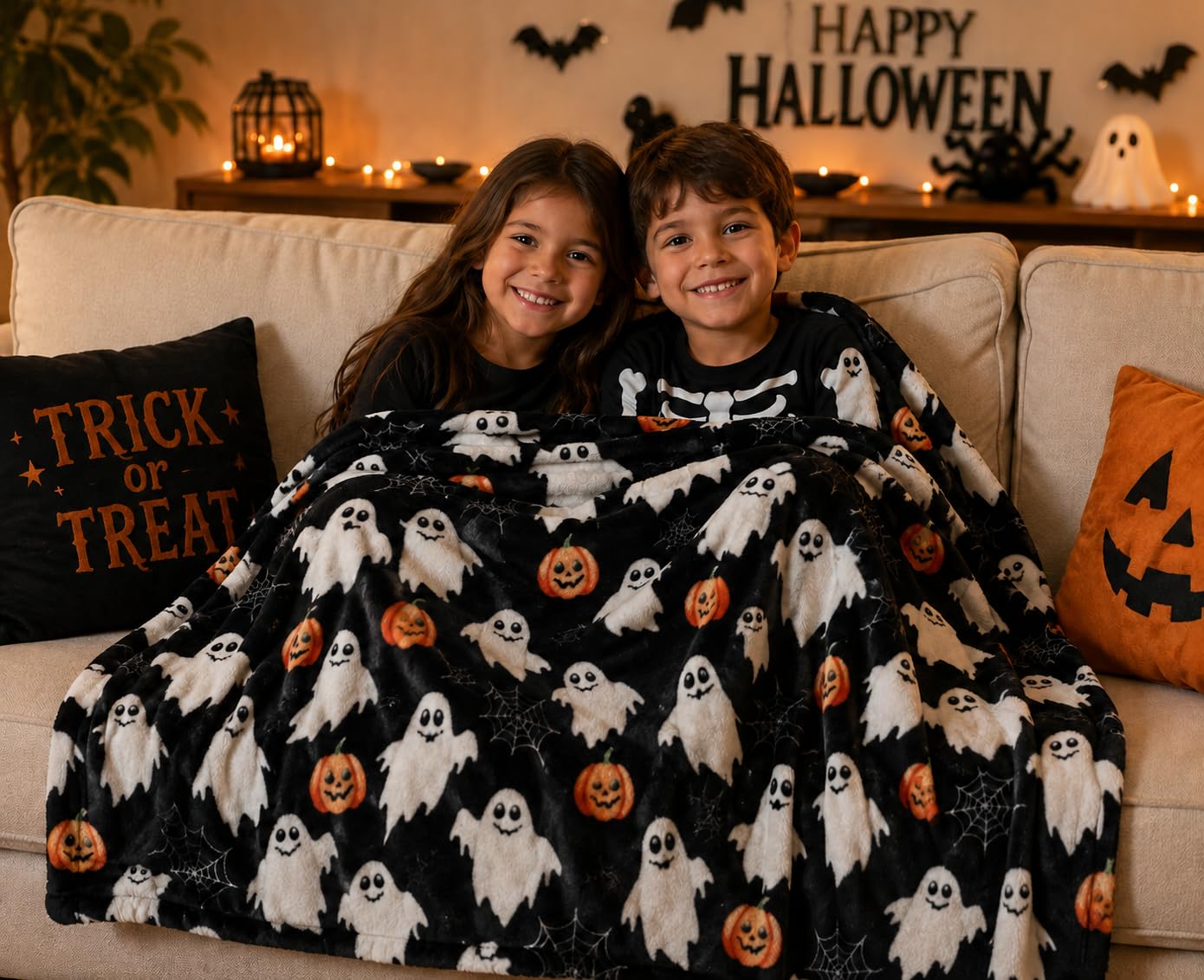 Halloween Fleece Throw Blanket: Jack O Lantern Pumpkins White Ghosts and Spiderwebs on Soft Black Velvet for Sofa, Couch, Chairs and Bed, 50" x 70"