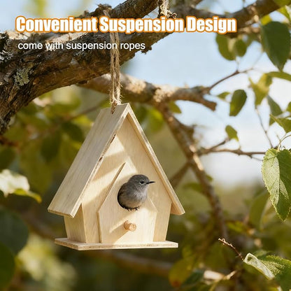 4Pcs Unfinished Wooden Bird House, Hanging Birdhouse for Outside Wood Bird Nests Box with Pole Creative Unpainted DIY Crafts Bird Houses for Garden Courtyard Decor