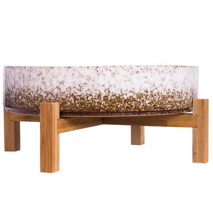 ARTKETTY Succulent Planters - 11 Inch Large Succulent Pots with Drainage, Ceramic Bonsai Pots with Bamboo Stand Shallow Planters for Indoor/Outdoor Plants Modern Cactus Flower Planter Bowl (White)