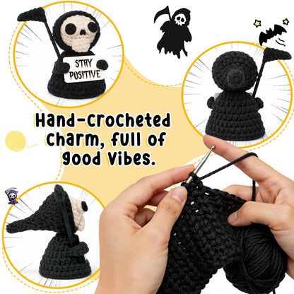 Funny Gothic Grim Reaper Crochet Plush - Spooky Cute Office Decor & Dark Humor Gift - Stay Positive Sarcastic Easter Basket Stuffers Egg Fillers Essentials for Coworker Friend White Elephant Adult