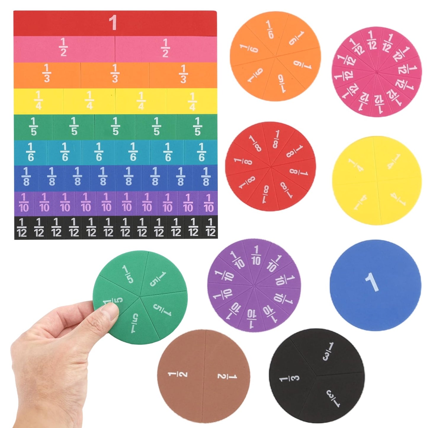 DORMIYA 12 Sets EVA Rainbow Fraction Manipulatives, Includes 6 Sets Fraction Tiles and 6 Sets Fraction Circles, Broad Coverage from 1/1 to 1/12, Visual Learning Tool