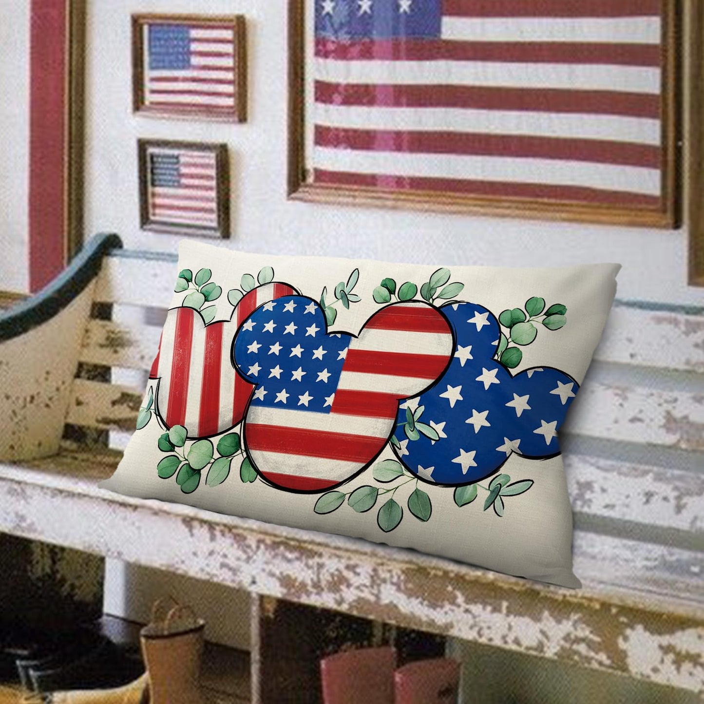 Fjfz 4th of July Patriotic Lumbar Decorative Throw Pillow Cover 12 x 20, Rectangular America USA Eucalyptus Leaves Outdoor Home Decor, American Stars Stripes Couch Cushion Case