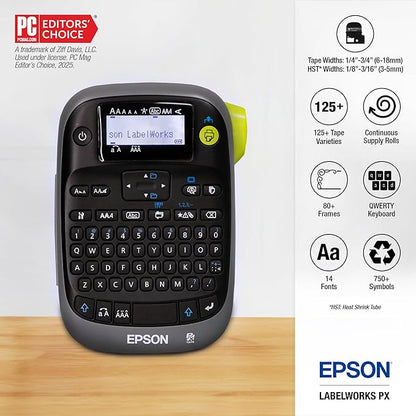 LABELWORKS Epson LW-PX300ADPT Industrial Label Maker for Office with Adapter – Sticker Labels, Magnetic Label Compatible, Only Uses 203 and 205 Shrink Tubes, Label Printer & Adapter