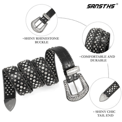 SANSTHS Women Rhinestone Belt for Jeans, Western Cowgirl Bling Studded Belt Faux Crocodile Grain Leather, Black L