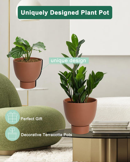 vensovo Dark Terracotta Self Watering Plant Pot - 2 PCS 6 Inch & 8 Inch Terra Cotta Plant Pot with Drainage Hole and Saucer, Small & Large Clay Flower Pot with Tray, Planter for Indoor Outdoor