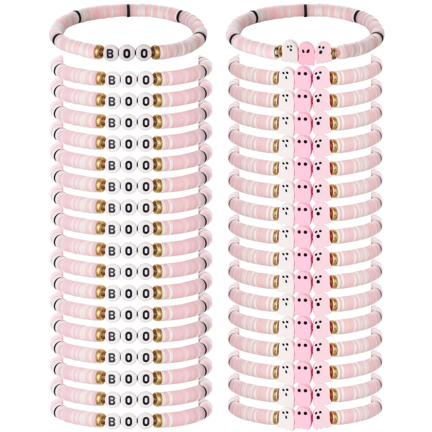 Huquary 48 Pcs Halloween Bracelet Set Party Favors Pink Ghost Boo Clay Bead Bracelets Cute Decorations Clay Ghost Signs for Halloween Gifts for Women Friend Boo Basket Stuffers Goodie Bag Stuffers
