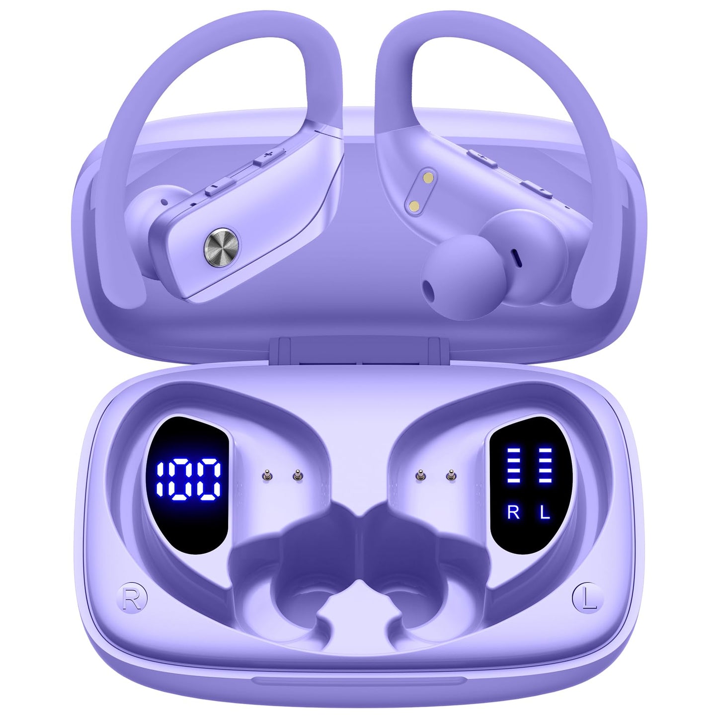 bmani Ear Buds Wireless Earbuds Bluetooth Headphones with 80H Playtime LED Display Case, Over-Ear Hook with Mic, Stereo Sound, Easy Button Controls, Sports Earphones for Running Workout Gym Purple
