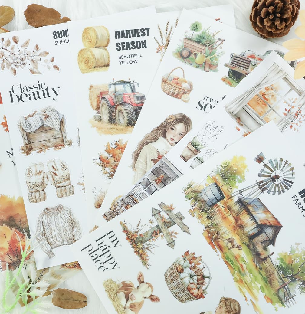 Dwpetzo Cozy Autumn Journaling Sticker Book, 20 Sheets Pe-Cut PET, Washi Tape, and Craft Paper Stickers for Junk Journal Supplies, Aesthetic Fall Stickers for Bujo, Collage, Scrapbook Supplies