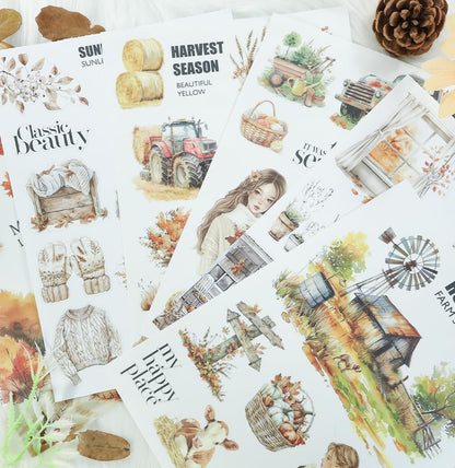 Dwpetzo Cozy Autumn Journaling Sticker Book, 20 Sheets Pe-Cut PET, Washi Tape, and Craft Paper Stickers for Junk Journal Supplies, Aesthetic Fall Stickers for Bujo, Collage, Scrapbook Supplies