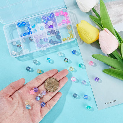SOFPLATE 1 Box 100Pcs 8mm Moonstone Glass Bead Bulk Matte Crystal Beads Frosted Colorful Mermaid Round Glitter Shiny Aurora Loose Spacer for Bracelets Jewelry Making DIY Crafts Supplies