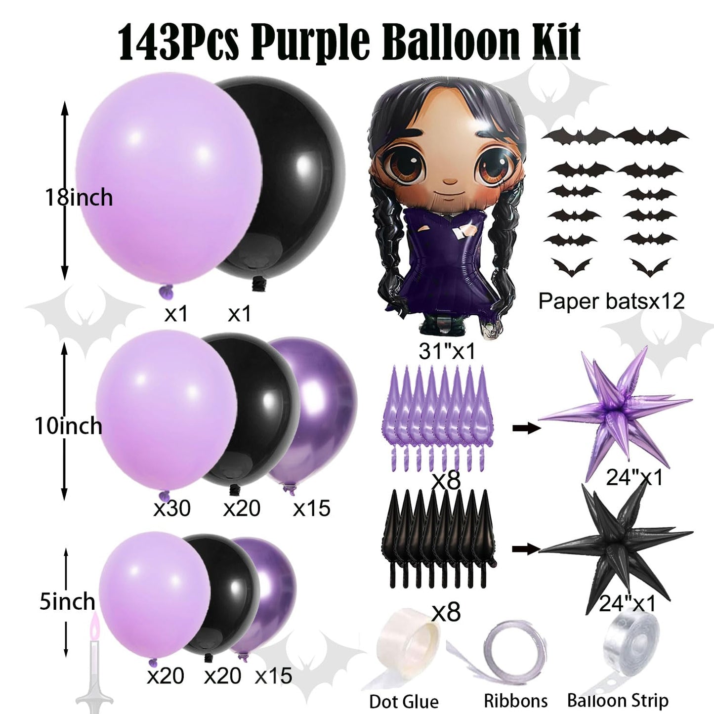 143pc Purple And Black Balloon Arch Kit Gothic Balloon Garland Paper Bats Starburst Foil Balloons For Vampirina Goth Birthday Decorations，Spooky Celebrations, Halloween, And Character-Themed Parties