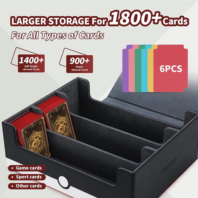 tombert Card Storage Box - 1800+ Capacity Case with 6 Dividers & Secure Magnetic Seal for TCG, MTG, YuGiOh, Sport Cards (3 Rows-White & Red)