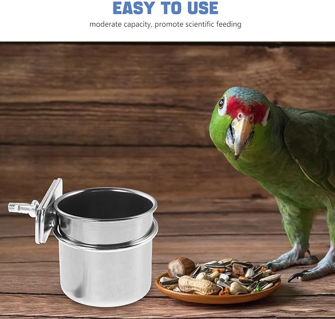 Abaodam Stainless Steel Bird Feeding Bowls with Clamp, 4.4cm and 5.5cm Cage Hanging Coop Cups for Parrot Food and Water, Compatible with Cockatiel Budgie Macaw Parakeet Cage Accessories