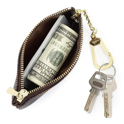Rauder Luxury Zip Key Chain Pouch | Mini Coin Purse Wallet Card Holder with Clasp | for Men Women - Coated Canvas (Brown)