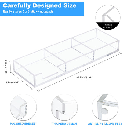 WORHE Sticky Note Holder 3 In 1 Clear Acrylic Self-Stick Memo Pads Holders Desk Organizer for School Office Home, Post Pop Notes Dispenser for 3"X3" Note Pads (BQ211)