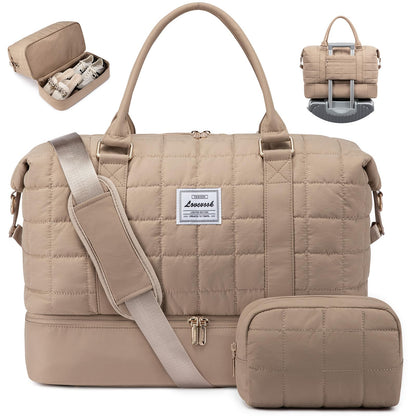 LOVEVOOK Travel Duffel Bag - Versatile Weekender Bag for Women, Puffer Carry On & Overnight Bag for Short Trips, Coffee Brown