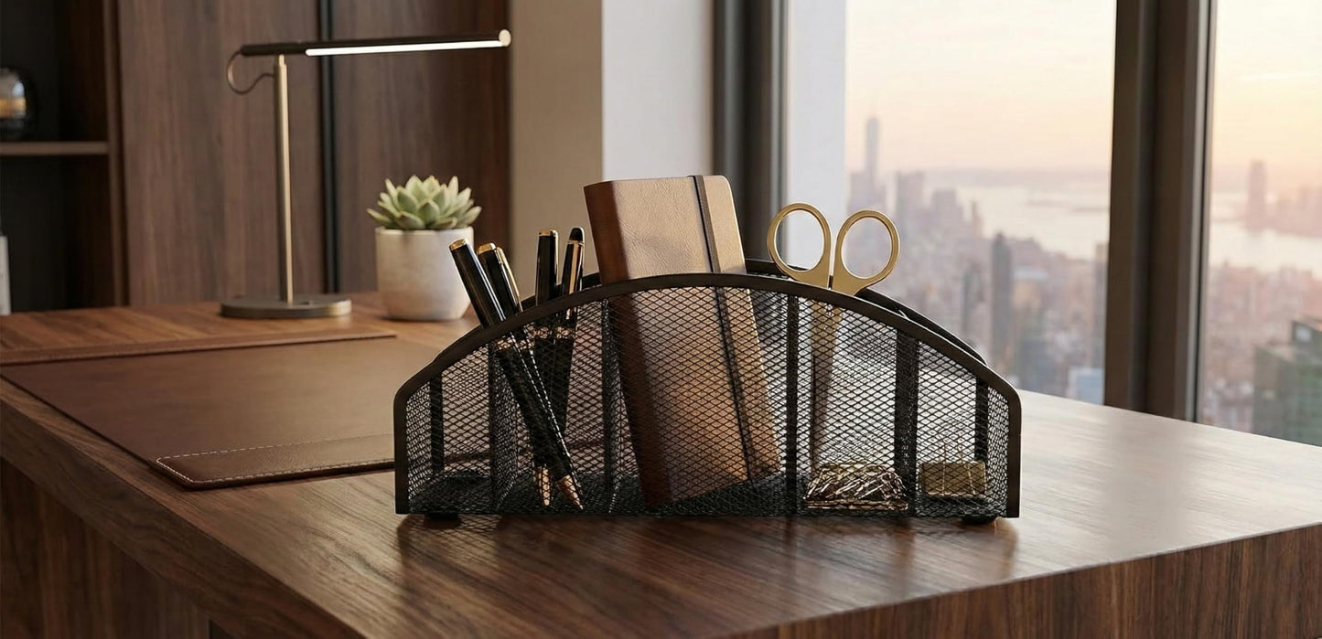 Yunsphere 5-Tier Desk Organizer & Pen Holder, Large-Capacity Metal Mesh Pencil Cup, Cute Aesthetic Desktop Caddy for Markers, Art Supplies, Makeup Brushes, Black