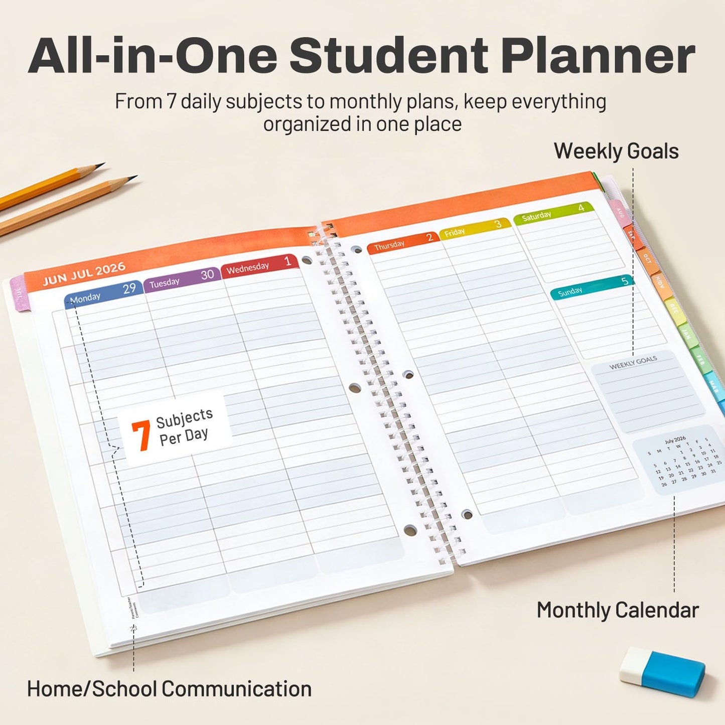 Student Planner 2026-2027, SUNEE Academic Weekly & Monthly School Planner, Jul. 2026 - Jun. 2027, 8.5"×11" School Lesson Plan Book with Week's Goals, Bookmark, Monthly Tabs, 3-Hole Punched, Sage Green