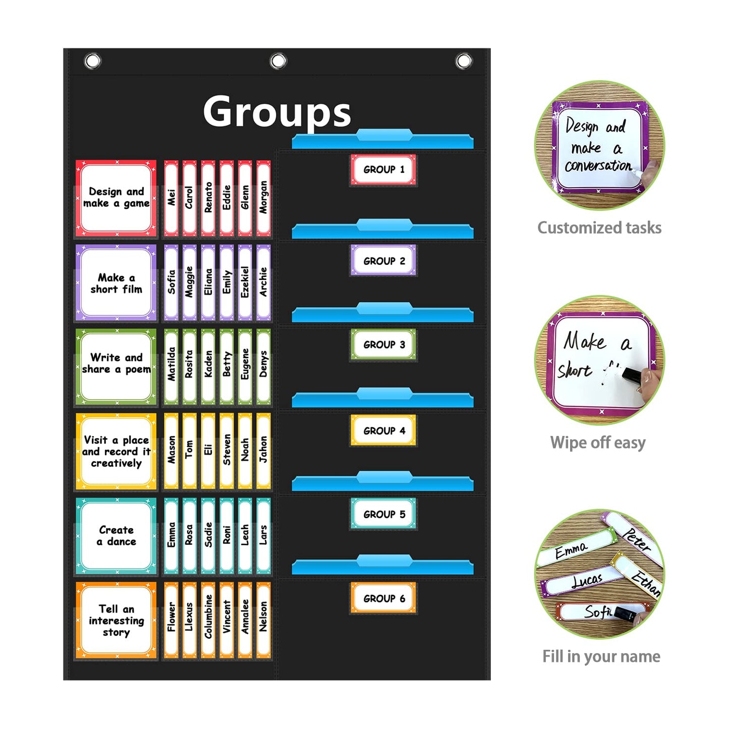 REGELETO Small Group Management Pocket Chart with 96 Cards Classroom Jobs Chart Small Group Organizer and on Task for School Teacher Homeschool Learning Supplies (Black)