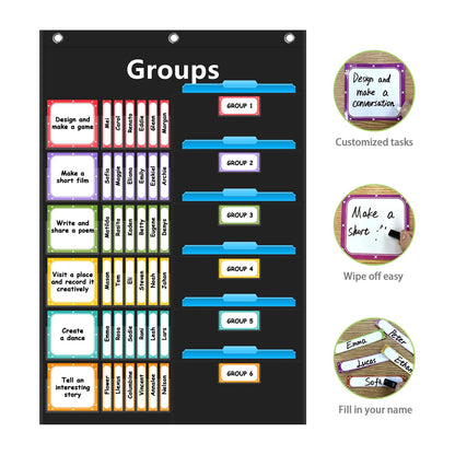 REGELETO Small Group Management Pocket Chart with 96 Cards Classroom Jobs Chart Small Group Organizer and on Task for School Teacher Homeschool Learning Supplies (Black)