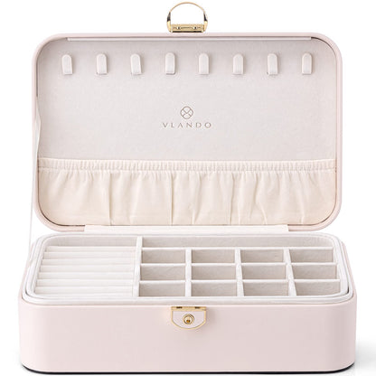 Vlando 2-Layer Jewelry Box,Valentines Day Gifts for Her Jewelry Organizer for Women Removable Jewelry Tray for Earrings Necklace,Gift Ideas,Birthday Graduation Gifts Apricot Pink