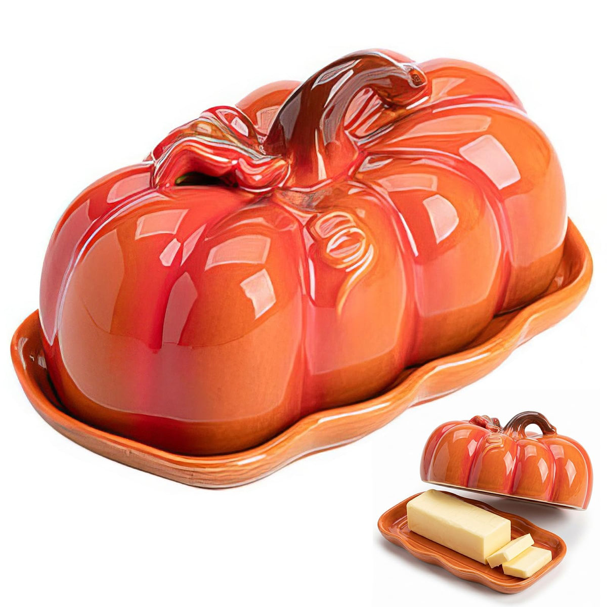 Pumpkin Butter Dish Set with Lid,Kitchen Countertop Tray with Lid,Multi-Purpose Pumpkin Shaped Snack Plate,Ideal Kitchen Decoration and Holiday Gifts such as Halloween &Thanksgiving (Orange, General)
