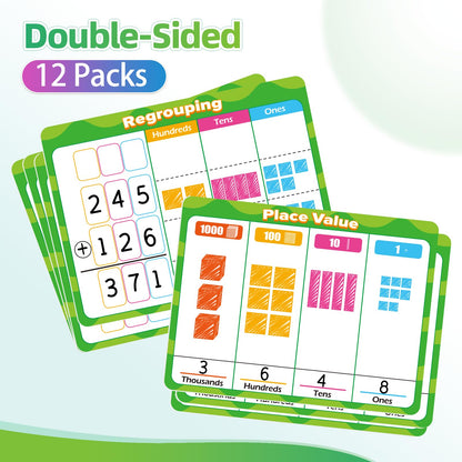 Laffunz 12 PCS Place Value Chart Dry Erase Flash Cards, Addition and Subtraction Learning Math Games for Kids, Base Ten Board Math Manipulatives 1st 2nd 3rd Grade Teacher Classroom Must Haves