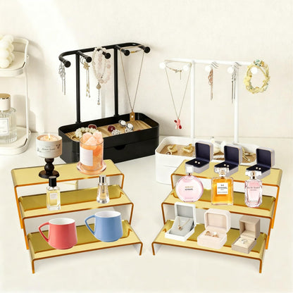 CRAFTIFANO Acrylic Display Risers 2 Sets 3 Tier Cupcake Stand for Dessert Jewelry Pop Figures Shelves Retail Shoe Showcase (Gold)