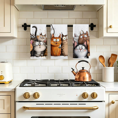 3 Pcs Cute Cat Kitchen Towels, Cats Soft Absorbent Hand Tea Towel, Microfiber Dish Cloths for Drying Dishes, Waffle Dish Towels for Kitchen Home Bathroom Decor, Cat Lover Gifts for Women Mom