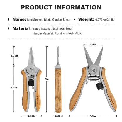 Berry&Bird Mini Pruning Shears for Gardening Straight Blades Hand Pruners with Wooden Handle Garden Scissors Snips Stainless Steel Trimming Small Clippers Bonsai Compact Size Shearing Tool