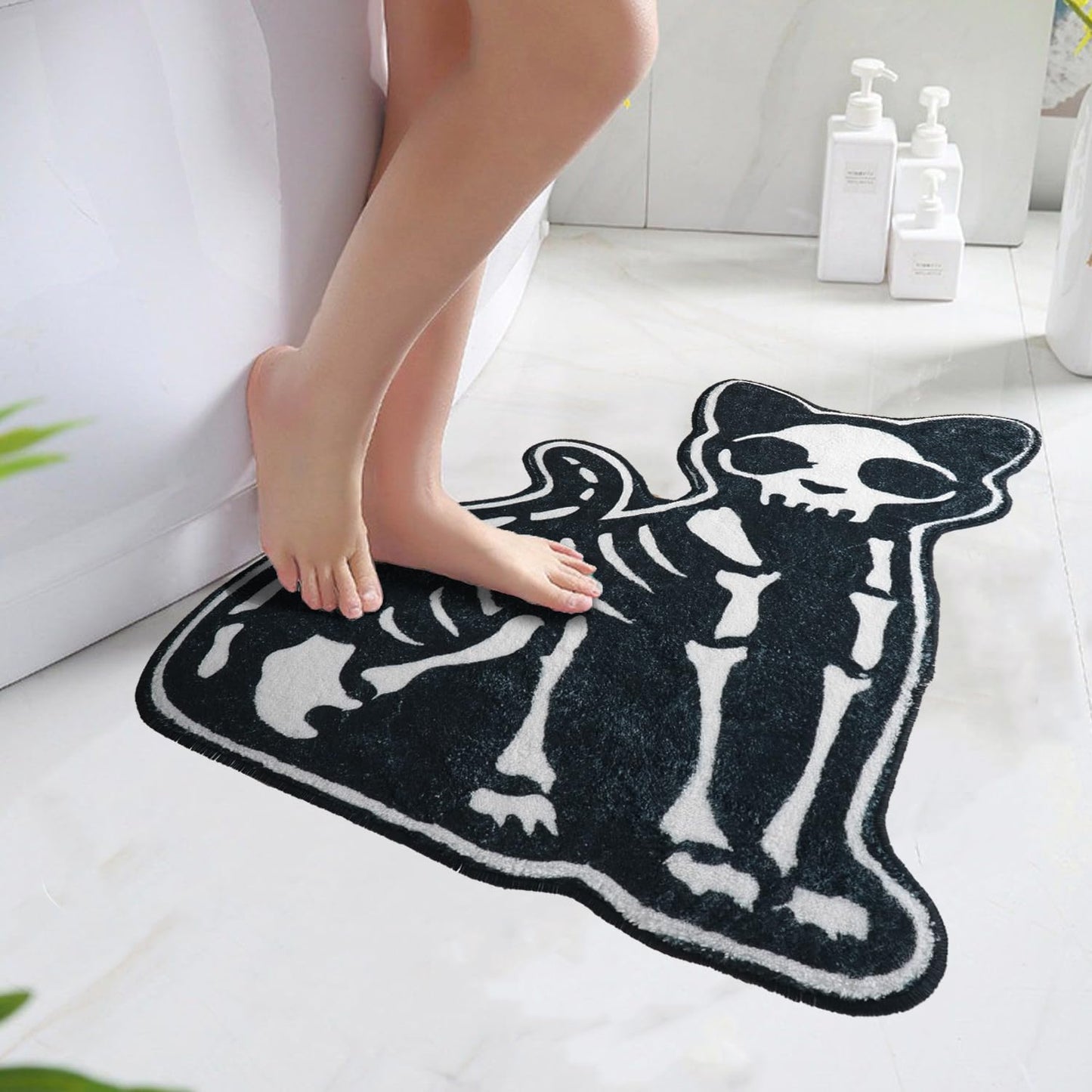 Zoeeya Skull Cat Bath Mat - Gothic Bathroom Decor - Soft Water Absorbent Halloween Bathmat for Shower,Entryway,Front Door,Spooky Skeleton Rug