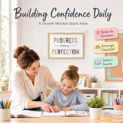 Classroom Signs Wall Art, Progress Over Perfection Growth Mindset Poster for Kids Students, Teacher Decor for Classroom, Inspirational School Office Homeschool Room Decor (14"L x 11"W Unframed, Unframed)