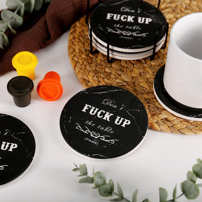 Drink Coasters Set of 6 with Holder, Absorbent Ceramic Coasters with Cork Base for Coffee Table, Rustic Marble Coasters Home Decor Housewarming Gift (Round-Black, 6)
