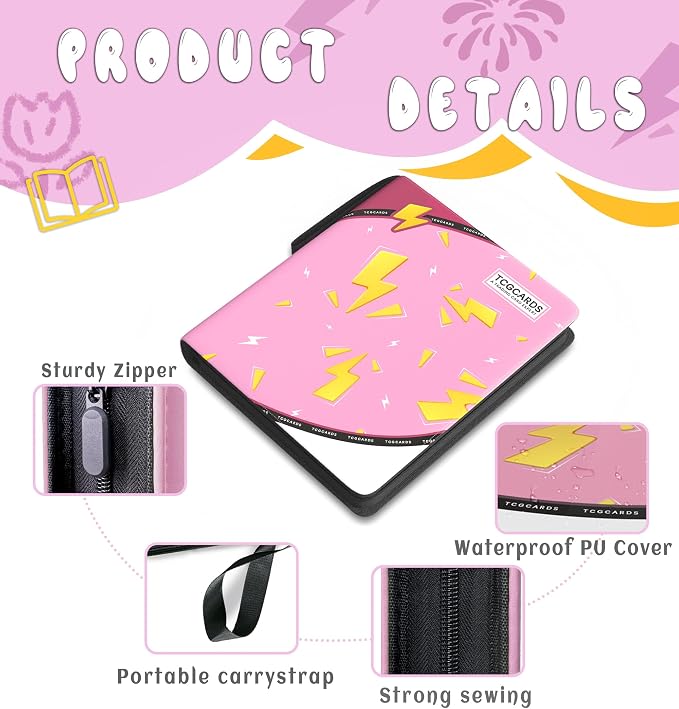 Trading Card Binder 4 Pocket,Card Binder 400 Pockets,Card Book Holder Cards with 50 Removable Sleeves,3-Ring Zip Design MTG/TCG/Sport Collectible Trading Card Albums Gifts for Boys and Girls (Pink)