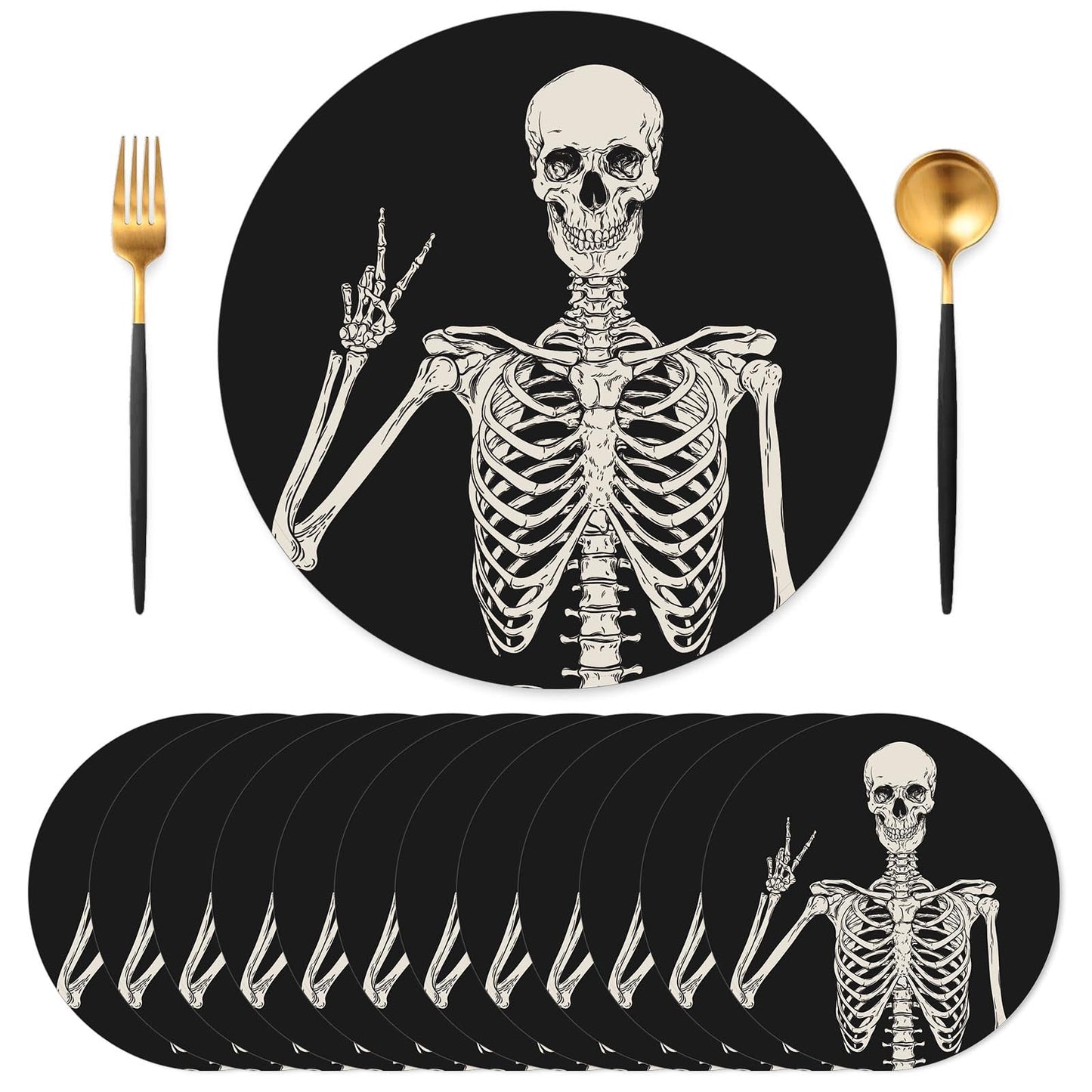 JarThenaAMCS 50Pcs Halloween Paper Placemats Smiling Skeleton Dinner Mats Black Disposable Round Table Mats for Trick or Treat Party Table Setting