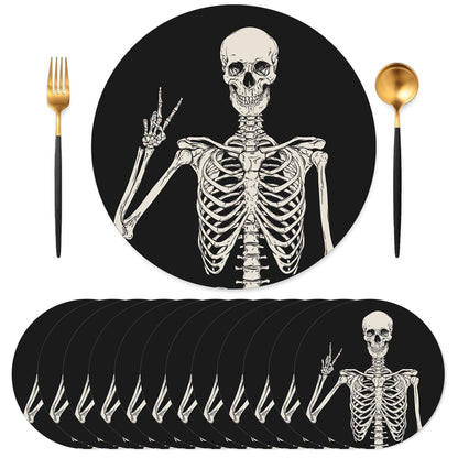 JarThenaAMCS 50Pcs Halloween Paper Placemats Smiling Skeleton Dinner Mats Black Disposable Round Table Mats for Trick or Treat Party Table Setting